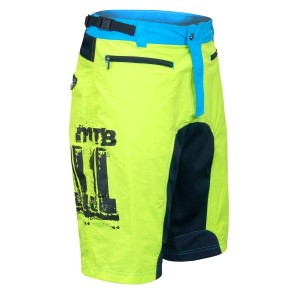 FORCE Shorts MTB-11 fluo gelb-blau-schwarz, mit Innenhose & Gel Pad